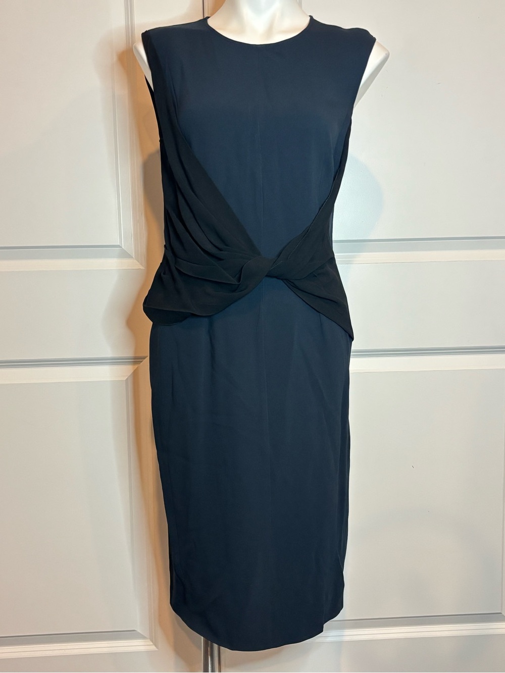 Cedric Charlier Navy Black Sleeveless Twist Waist Sheath Dress 10